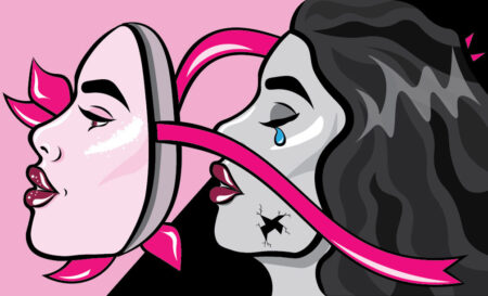 Digital illustration of a femme person looking to the left. Their face is in grayscale with one blue tear dropping from their eye. A mask with pink ribbon and light pink is floating in front of their face.