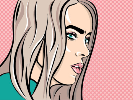 Digital illustration of Billie Eilish looking to the right of the screen. Billie has a teal shirt, teal eyes, and light brown hair. The background is pink white light pink polka dots.