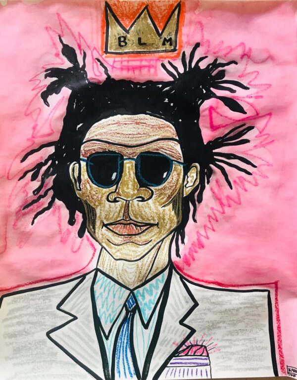 Painting of Jean-Michel Basquiat in gray suit, blue shirt, and sunglasses. There is a gold BLM crown floating above his head.