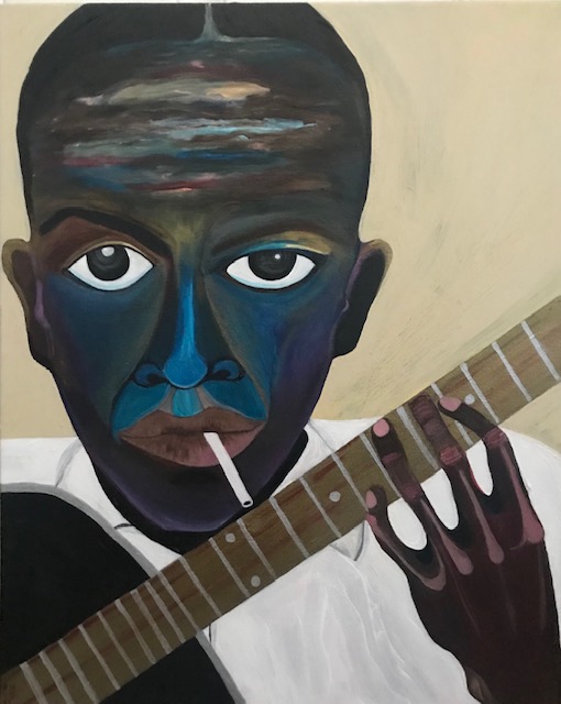 Painting of black man holding a guitar, a cigarette is in his mouth. He is wearing a white shirt and there is a blue shadow on his face.
