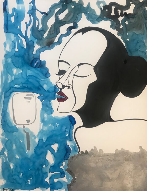 Painting of billie Holiday, her face is the color of the paper, white and black is used to outline her hair, nose, and eyes. She is breathing out blue that fills the rest of the page.