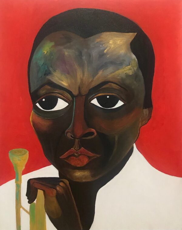 Painting of Black man, bright red background. He is wearing a white shirt and holding a trumpet.
