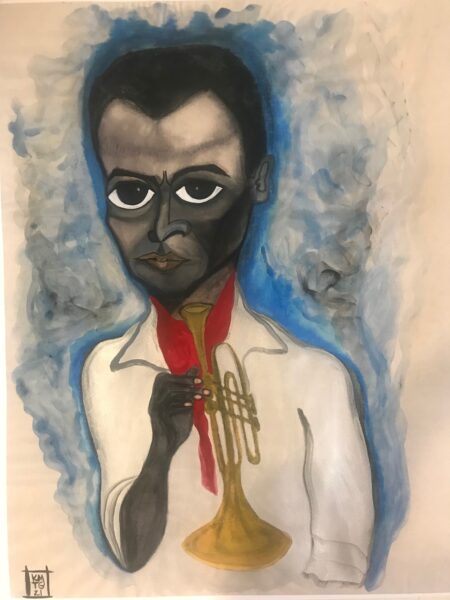 Painting of black man, short black hair, white shirt, red scarf, holding a trumpet. Blue gray pain surround him in the background.