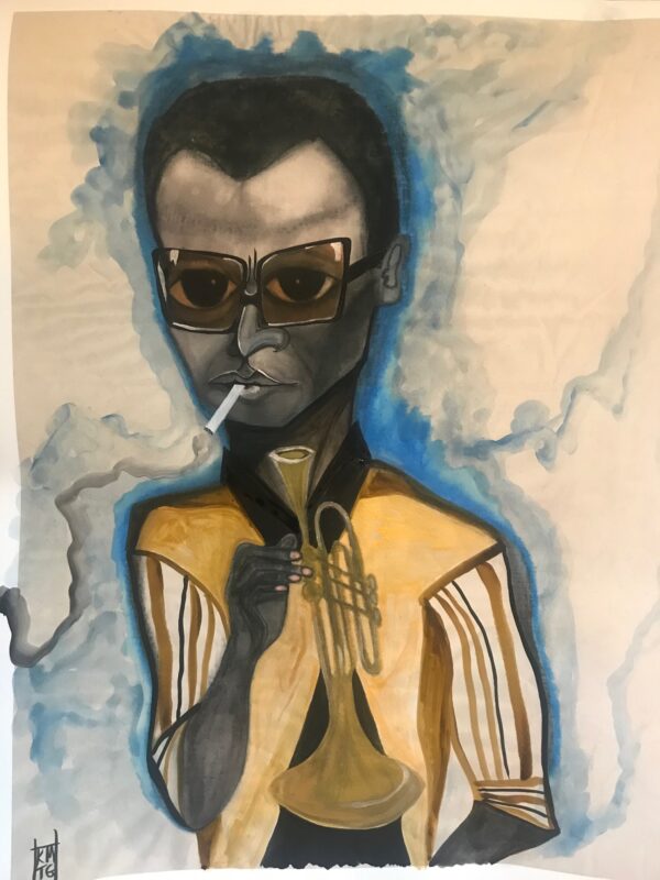 Painting of Black man, wearing square glasses, smoking cigarette, holding trumpet. He is wearing a gold shirt with brown stripes on the sleeve. The background is blue watercolor.