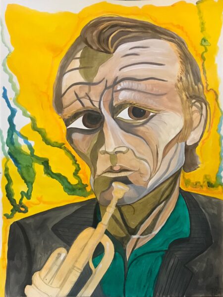 Painting of white man, short brown hair, wrinkles, holding trumpet, wearing black suit coat and green undershirt. Yellow background.