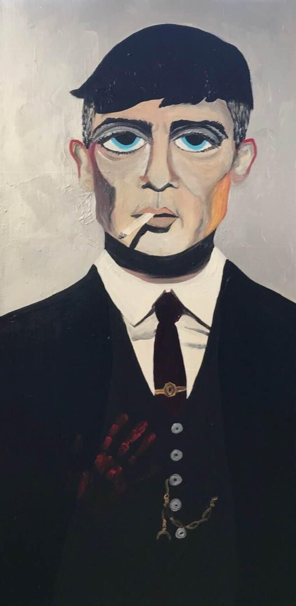 Painting of white man, blue eyes, black hair. He is wearing a suit, pocket watch, tie, and white shirt. A cigarette is hanging from his mouth.