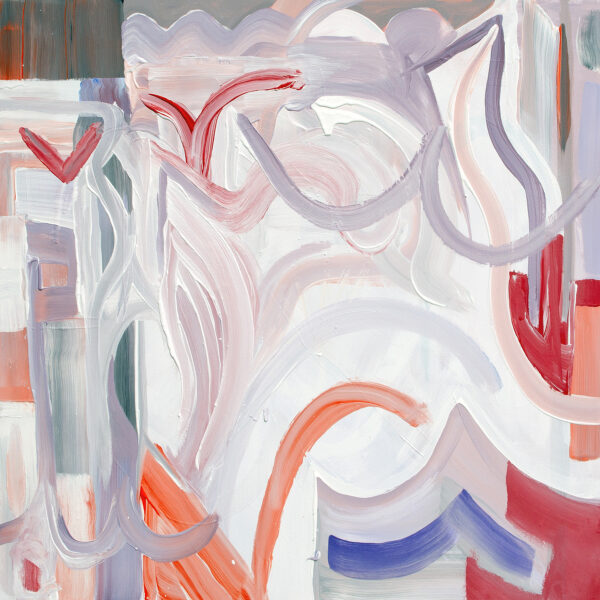 Abstract painting white, orange, blue, purple and red lines and curves