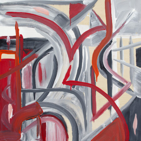 Abstract painting gray, red, and white lines and curves
