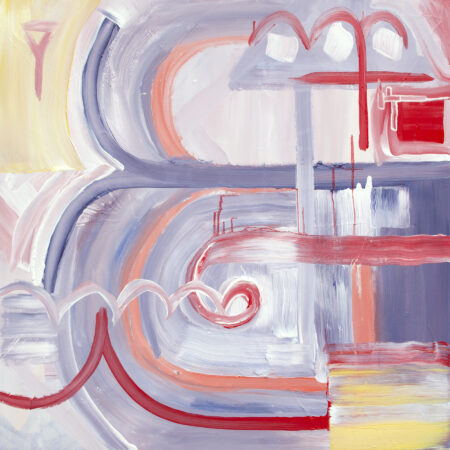 Abstract painting purple, yellow, and red lines and curves