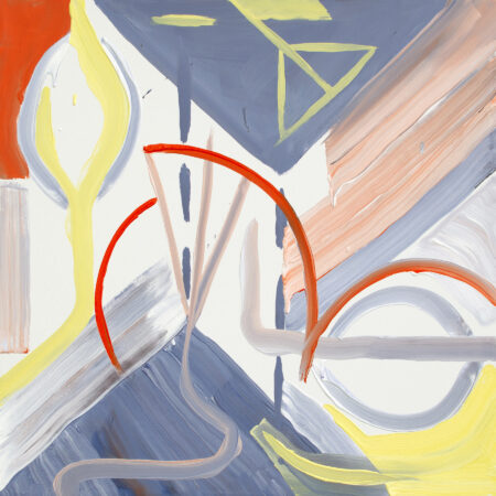 Abstract painting yellow, orange, gray and white lines and curves