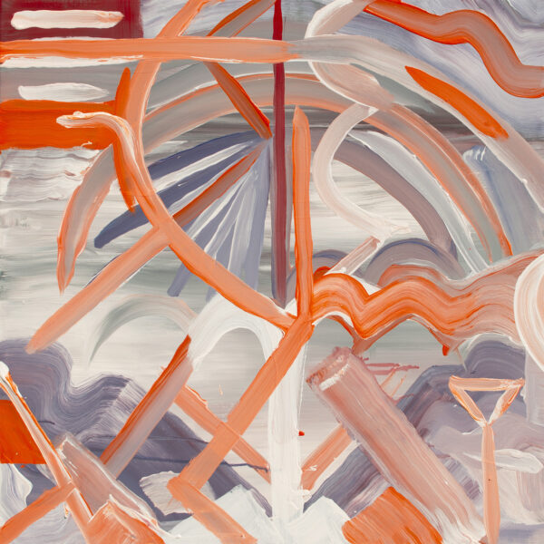 Abstract painting of an umbrella, orange, and purple and gray lines and curves