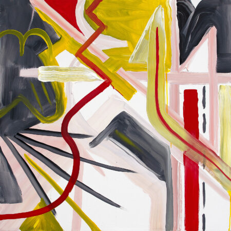 Abstract painting yellow, red, gray, lines and curves