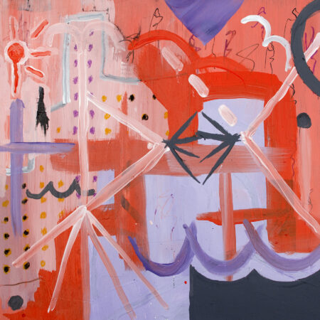 Abstract painting red, purple, dots in the background appear like buildings.