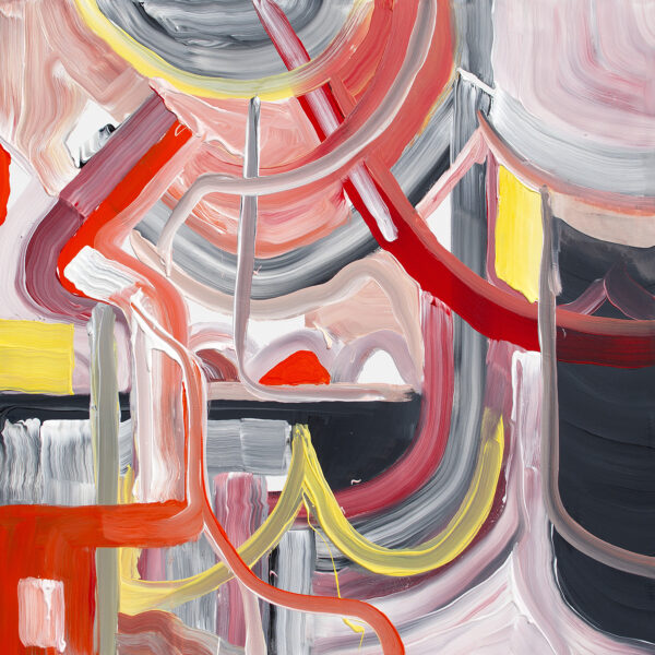 Abstract painting yellow, red, black, and pink