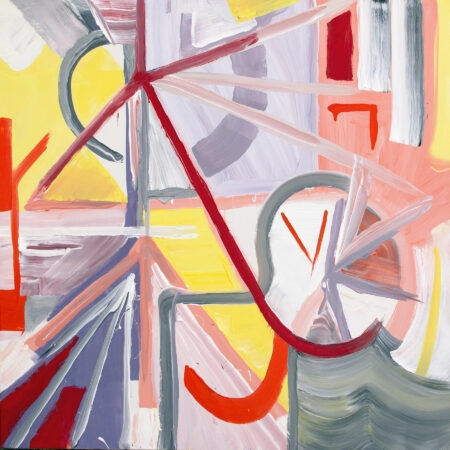 Abstract painting of road bike, yellow purple, and red spokes