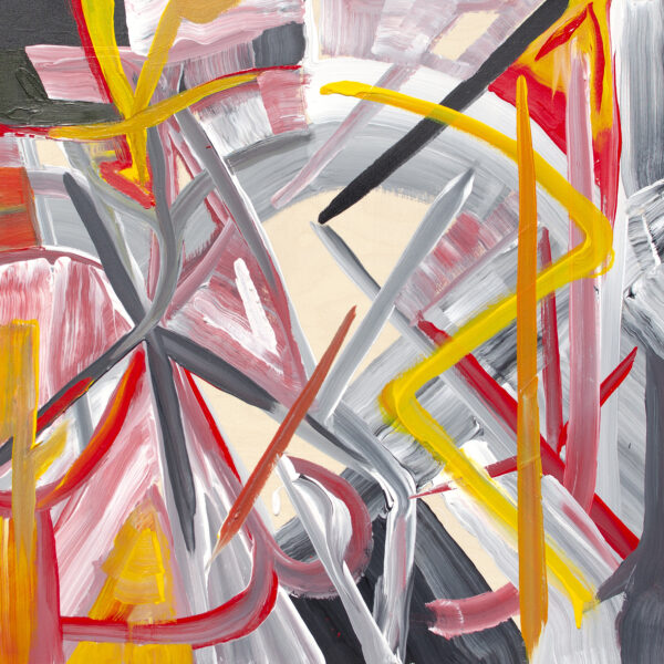 Abstract painting gray red, pink, white, and orange
