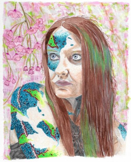 A self-portrait of a girl contemplating amongst a grove of cherry blossoms. Hav- ing been a chameleon throughout her life, she is begining to shed her scales, learning to get to know herself.