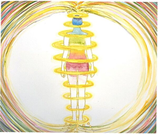 A human figure is centered on a white background coloured in with correspond- ing chakra colours. The figure is encased in several rings of yellow light from head to toe.