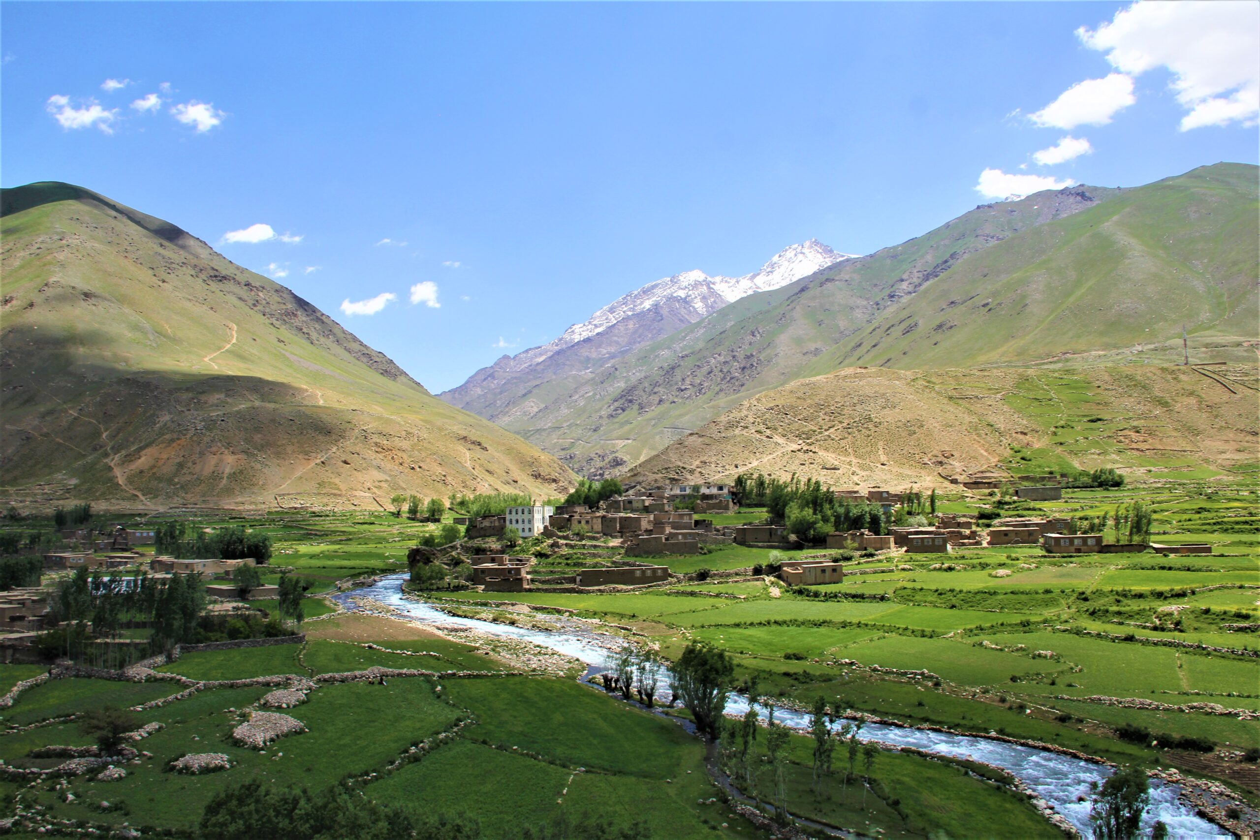 Photograph of green land, mountains and a bright blue sky.