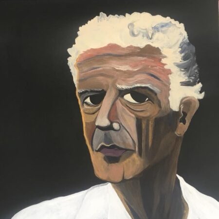 Painting of Anthony Bourdain. He is a White man, blonde and gray hair and is wearing a white top.