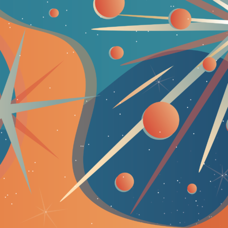 Digital illustration of space. There are orange circles, blue and orange waves, and little white dots that look like stars from the distance.