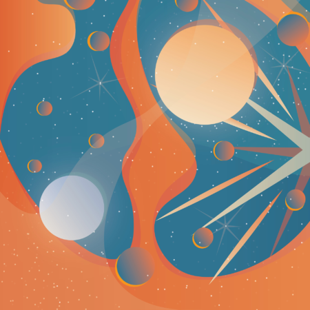 Digital illustration of space. Bright orange waves are in the foreground. There is a burst of light and lots of tiny stars.