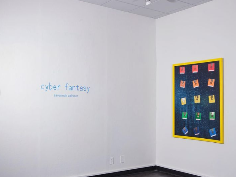 A photo of Savannah's gallery show - cyber fantasy. Plays with digital and electronics. Explores art and the internet.

Art for mental health/art and mental health.