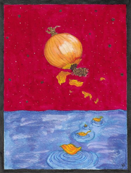 Bold red sky, an onion moon. Onion petals on the water. Art and mental health.