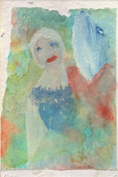 Colorful watercolor of a woman and a shark by Bailey Constas. Art for mental health - mental health and the arts.