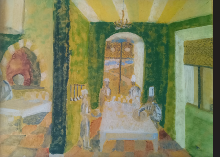 Image of bakers in a kitchen. Oil paint on glass.