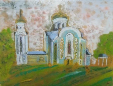 Ukrainian temple painted on glass with oil paint.