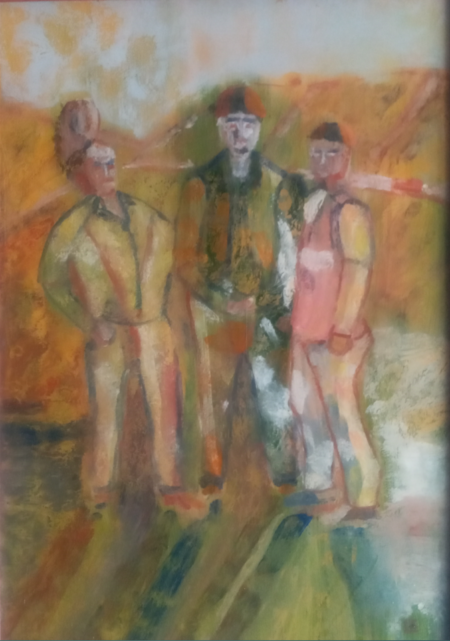 Image of workers speaking. Glass art, painted in oil.