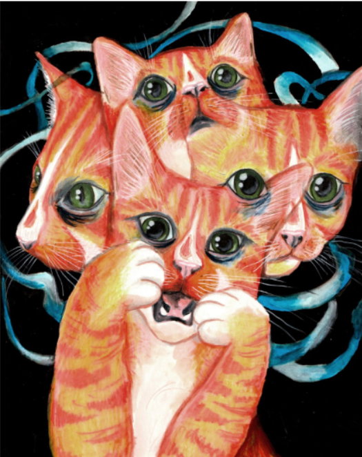 Julie Kitzes' Panic Cattack that shows a panic attack and anxiety in pets. 

An abstract work of animal art that displays anxiety from this Colorado artist. 

Author of the coloring book Cats Being Dicks. Cat art.