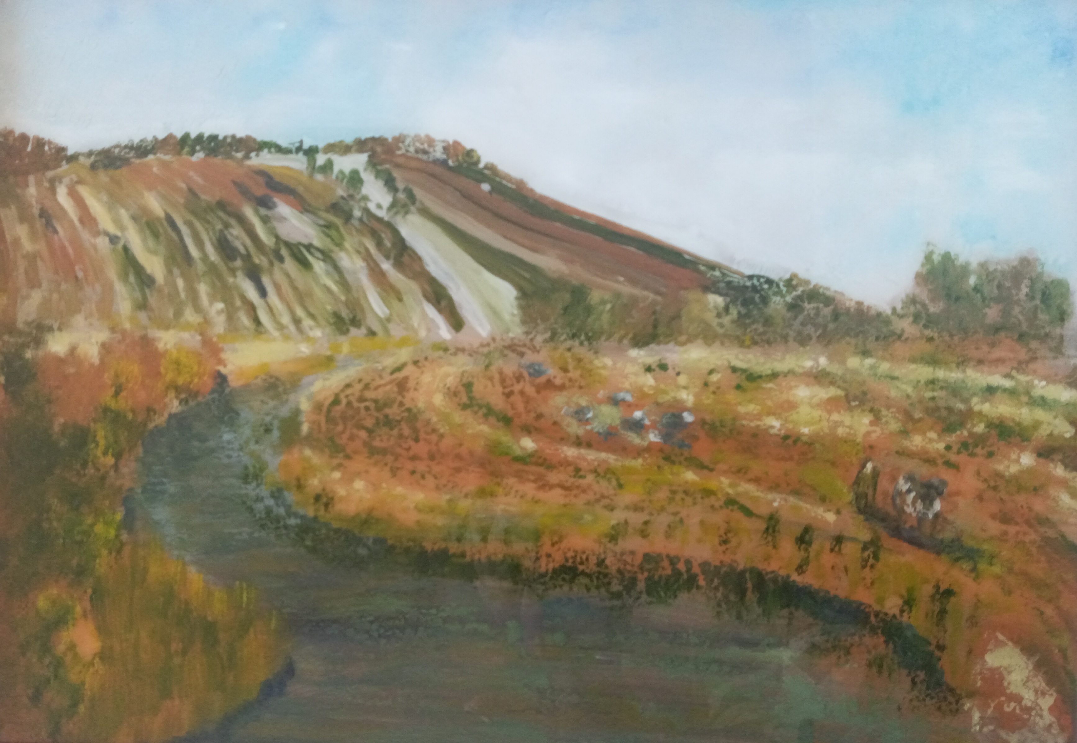 Oil paint on glass. A view of a river flowing from a mountain.