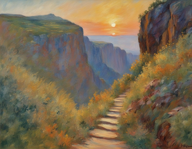We leave you with a beautiful view of a mountain path with rock stairs. Lush with vegetation, the sun sets far away.