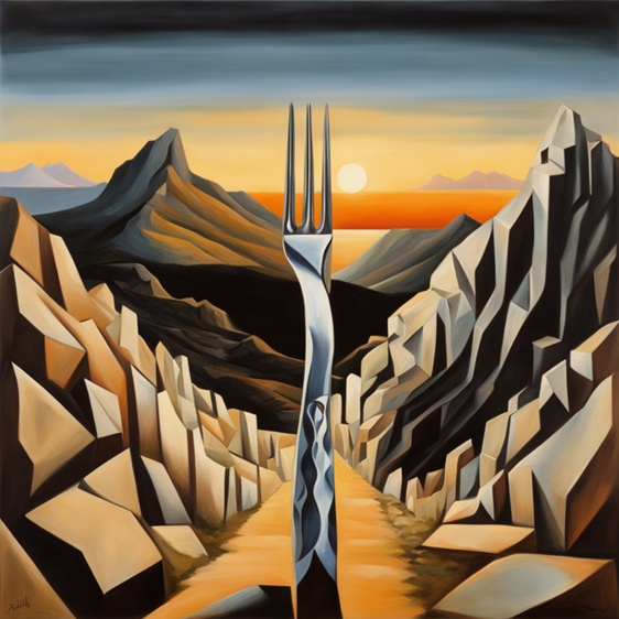 A silver three-pronged fork in the middle of a craggy mountain path.